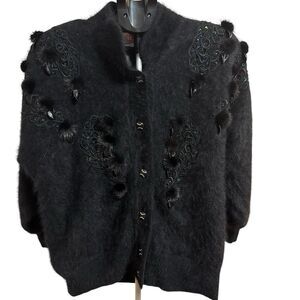 Vtg Belldini Cardigan Women Small Angora Rabbit Hair Sweater Beaded Feathers